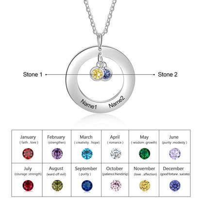 Circle Necklace with 1-3 Birthstones Custom Round Pendant Name Necklace