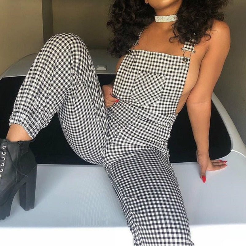 Women Straps Jumpsuits Ladies Summer Plaids Checked Playsuits Backless Outfits White&amp;Black