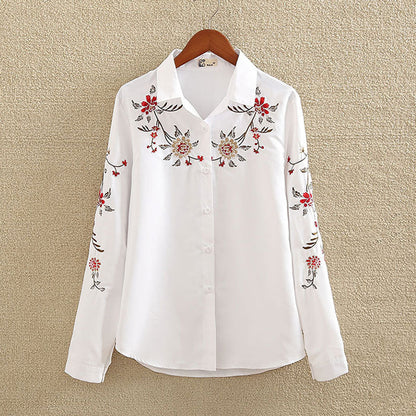 Floral Embroidered Blouse Shirt Women Slim White Tops Long Sleeve Blouses plus size