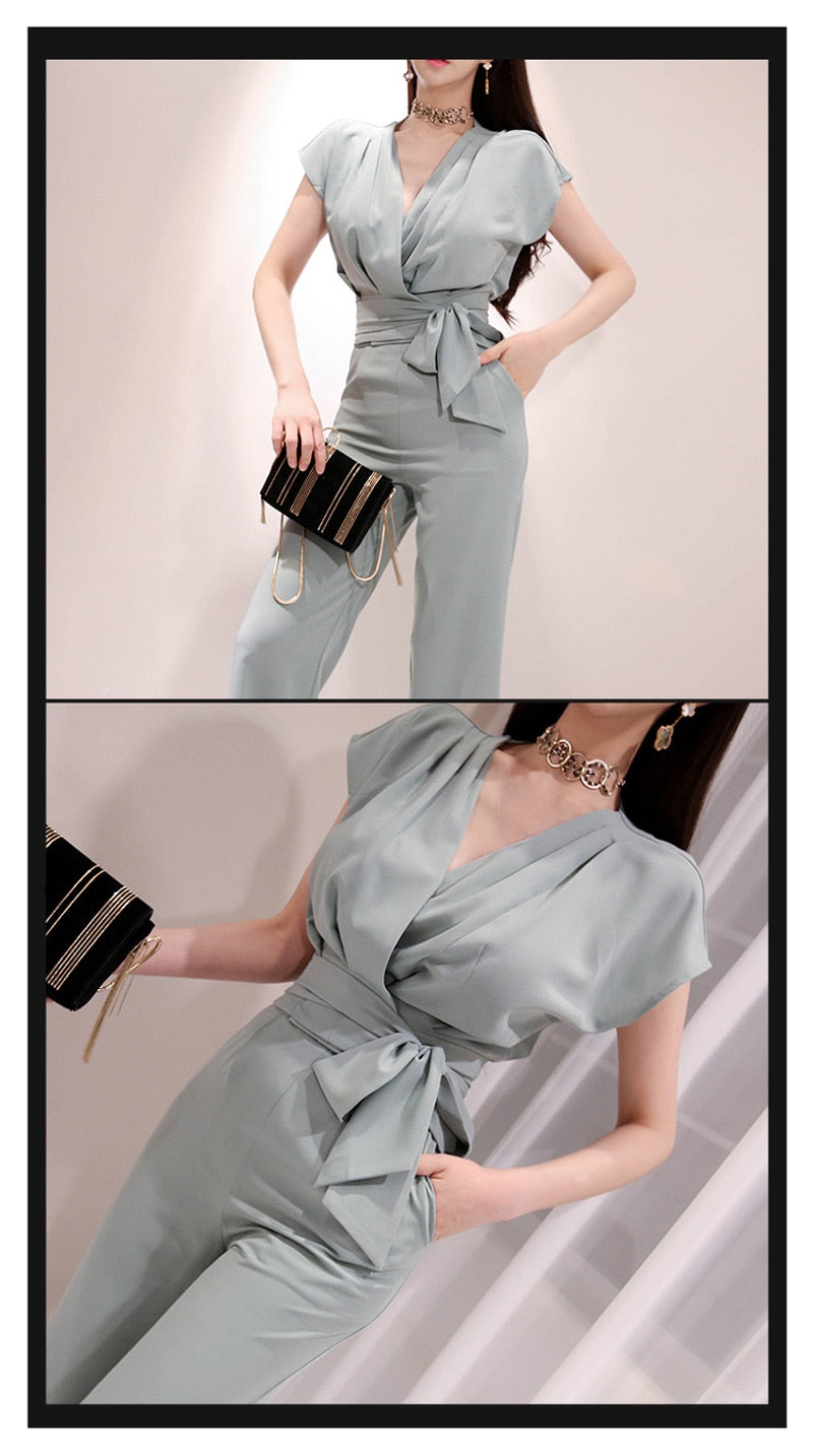 2 Pieces Set Women V-neck Lace Up Tops &amp; High Waist Wide Leg Pants OL Style