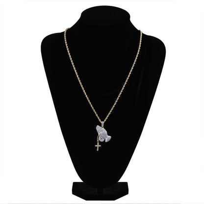 Iced Out Praying Hand Pendant Necklace With Cross Gold Silver Color Hip Hop Necklace