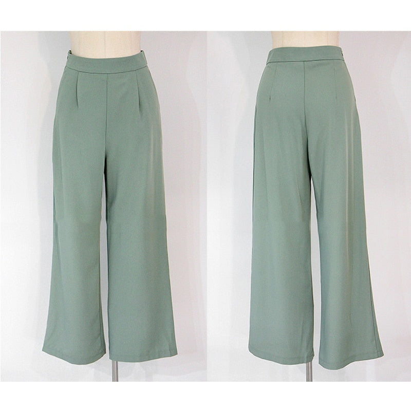 2 Pieces Set Women V-neck Lace Up Tops &amp; High Waist Wide Leg Pants OL Style