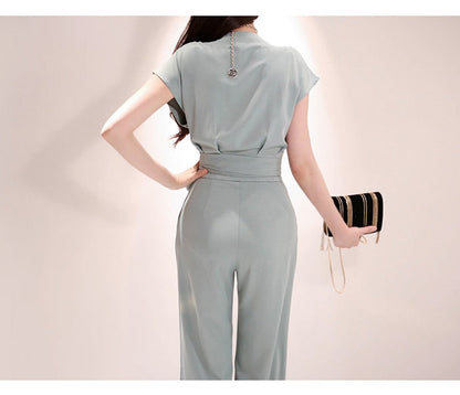 2 Pieces Set Women V-neck Lace Up Tops &amp; High Waist Wide Leg Pants OL Style