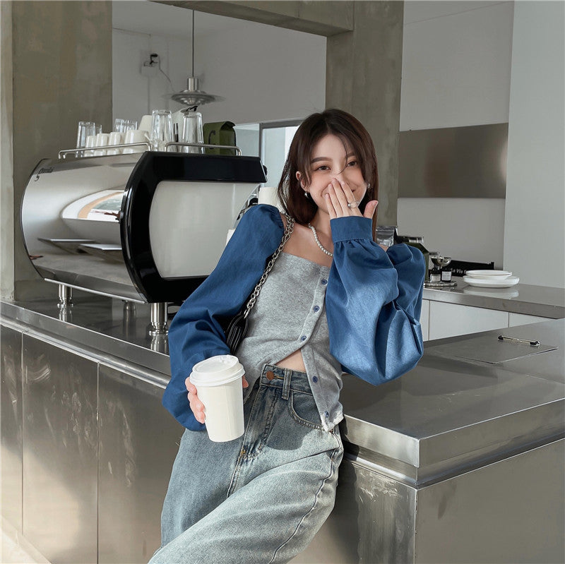Patchwork Denim Shirts Women French Square Collar Puff Blouses Long Sleeve Crop Tops