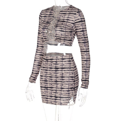Print Satin Long Sleeve Bandage Crop Top Mini Dress 2 Pieces Set