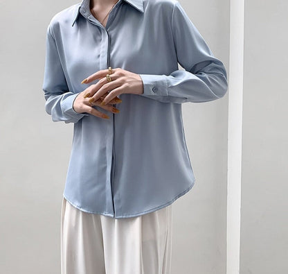 Spring Loose Women Satin Blouses Long Sleeve Single-breasted Female Shirts Top