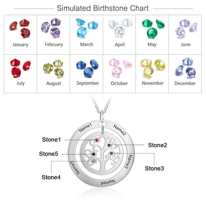 Tree of Life Name Necklace with Birthstone Name Engraved Pendant Family