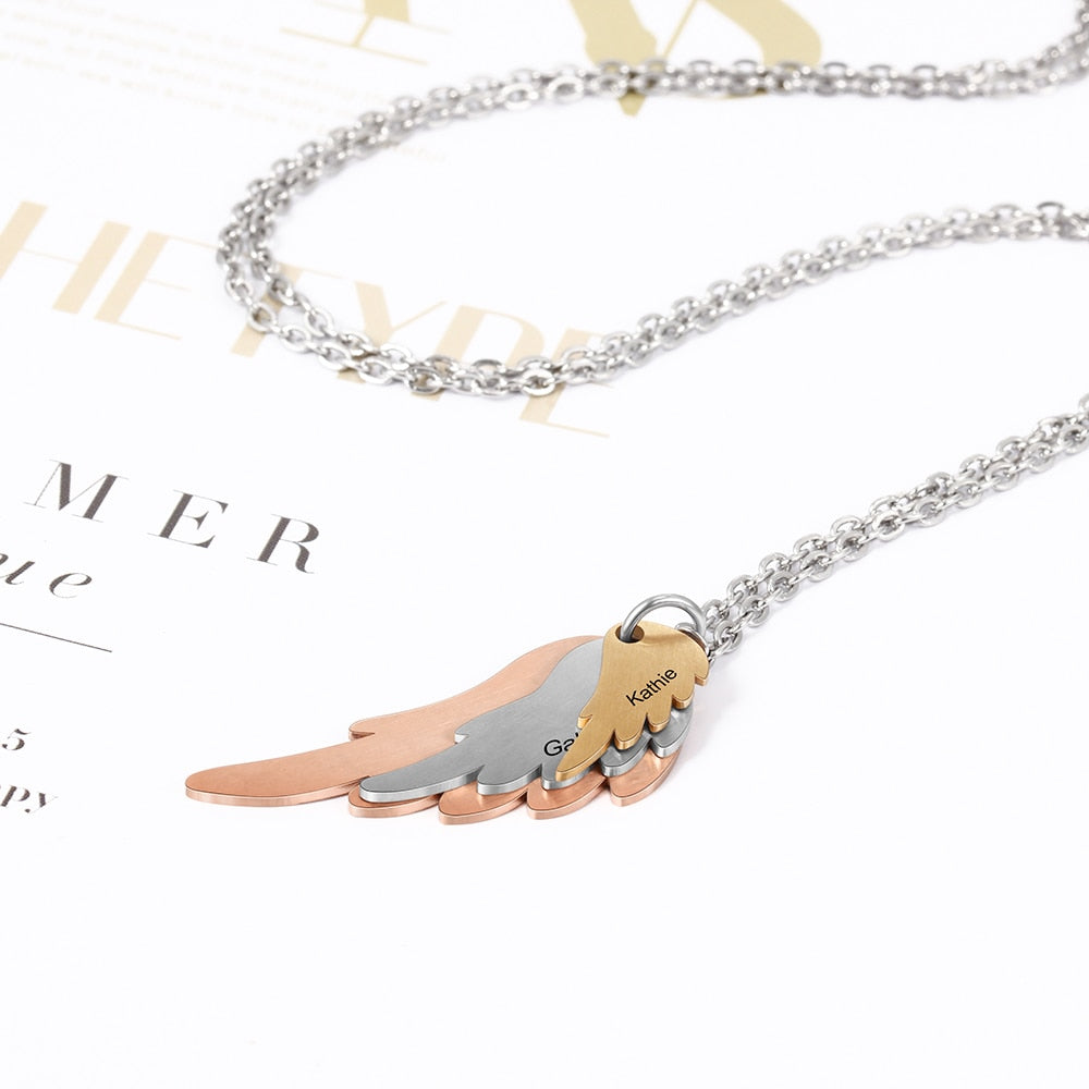 Wings Necklace with 3 Names Mixed Steel &amp; Rose Gold &amp; Gold Color Custom Family Necklace
