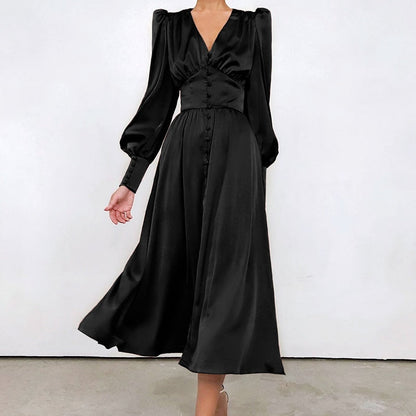 Single Breasted Dress High Waist Satin Long Dress V Neck Women Midi Dresses Lantern Sleeve