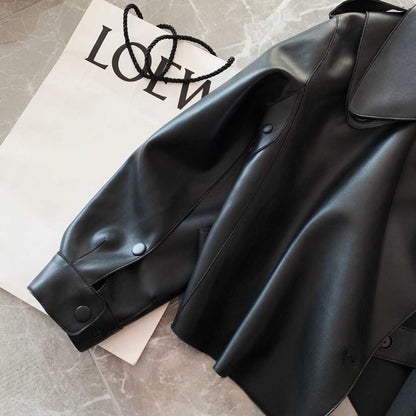 Women Pu Motorcycle Biker Faux Leather Jacket Turndown Collar Loose Punk Outerwear