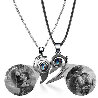 Flame Heart Shaped Custom Photo Projection Couples Necklaces