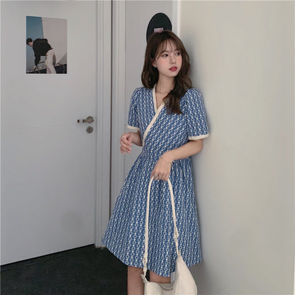 Women Summer V Neck Jacquard Floral Long Dress High Waist Short Sleeve Exquisite Midi Dresses