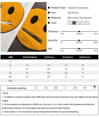 Zipper Pocket Smile Face Patchwork Fleece Hoodies Sweatshirts Streetwear