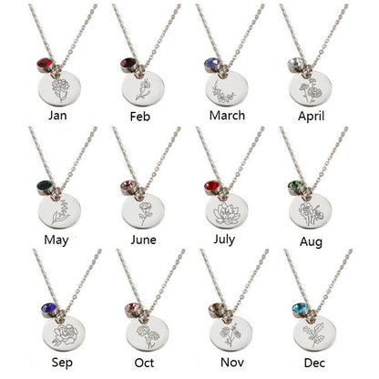 Stainless Steel Birth Flower Necklaces Birthstone Choker Necklace
