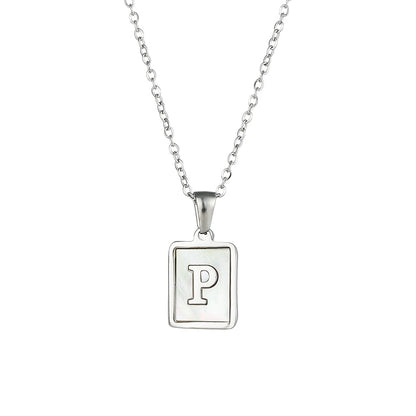 18K Golden Chain Necklaces Male Square Natural Shell Initial Letters Pendant Stainless Steel Jewelry