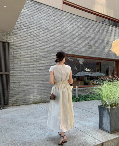 Slash Neck Sleeveless Zipper Long Tank Dress Elastic Folds-Waist A-line Dresses with Big Pockets