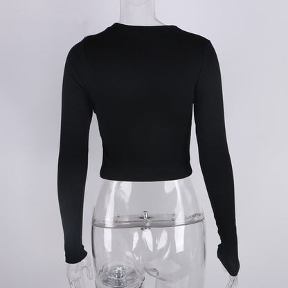 O Neck Long Sleeve Shirt Women Ribbed Sexy Cropped Tops Casual Skinny T Shirts White