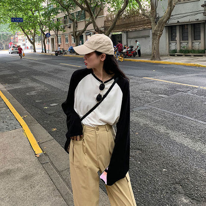 Female T-shirt Round collar Contrast Color Long Sleeve T Shirt Women spring T-Shirts