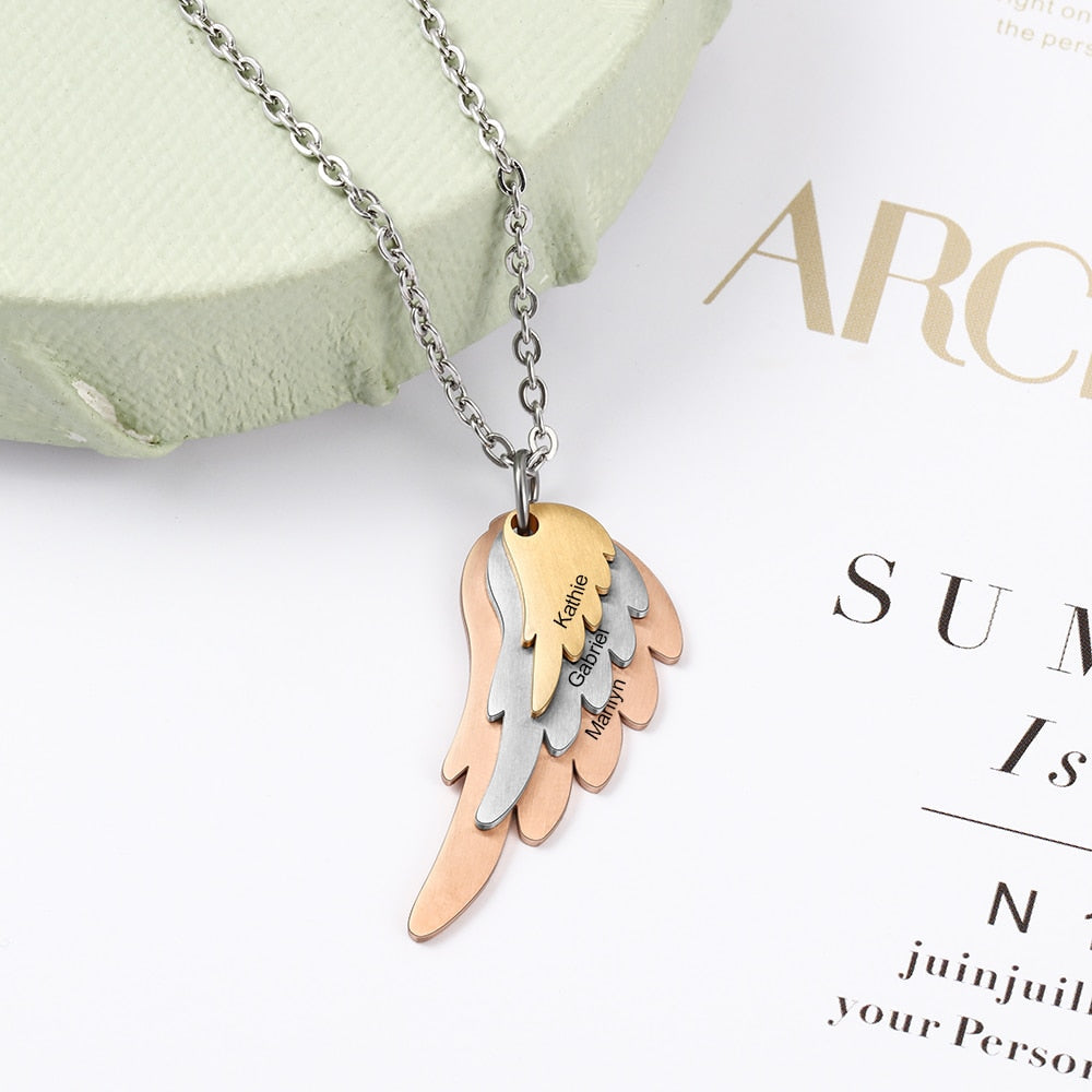 Wings Necklace with 3 Names Mixed Steel &amp; Rose Gold &amp; Gold Color Custom Family Necklace