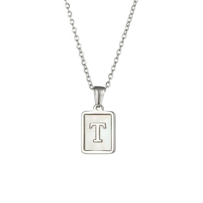 18K Golden Chain Necklaces Male Square Natural Shell Initial Letters Pendant Stainless Steel Jewelry