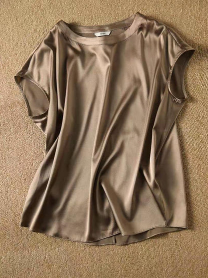 Silk Thin Short Sleeve Tees Style Slip Woman Summer Clothes Brown Tops Solid Loose Casual