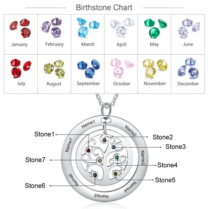 Tree of Life Name Necklace with Birthstone Name Engraved Pendant Family