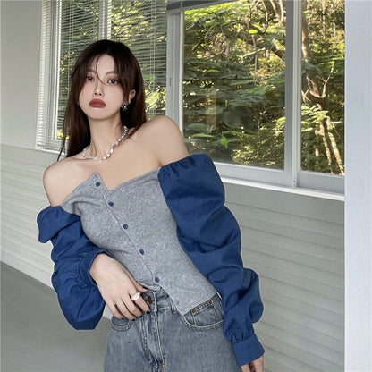Patchwork Denim Shirts Women French Square Collar Puff Blouses Long Sleeve Crop Tops