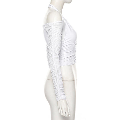 Mesh Shirt Women Tshirt Top Autumn Halter V-neck Off the Shoulder T-shirts Streetwear Top