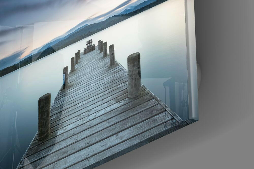 Tranquil Blue Lake Wooden Jetty Glass Wall Art