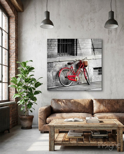 Red Bicycle Basket Brick Alley Glass Wall Art