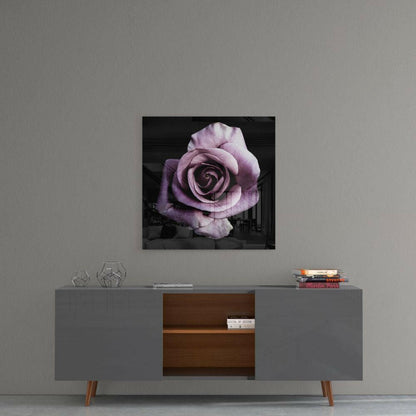 Single Lilac Rose On Black Glass Wall Art