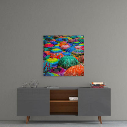 Rainbow Polka Dot Canopy Umbrellas Glass Wall Art