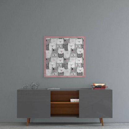 Gray Doodle Faces Pink Border Cats Glass Wall Art
