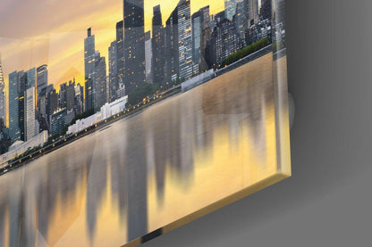Golden Sunset Skyline Water Reflection Glass Wall Art