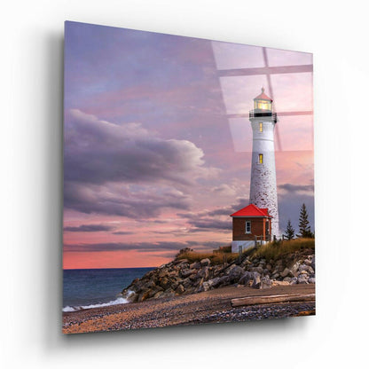 Pink Sunset Cliff Top Lighthouse Glass Wall Art