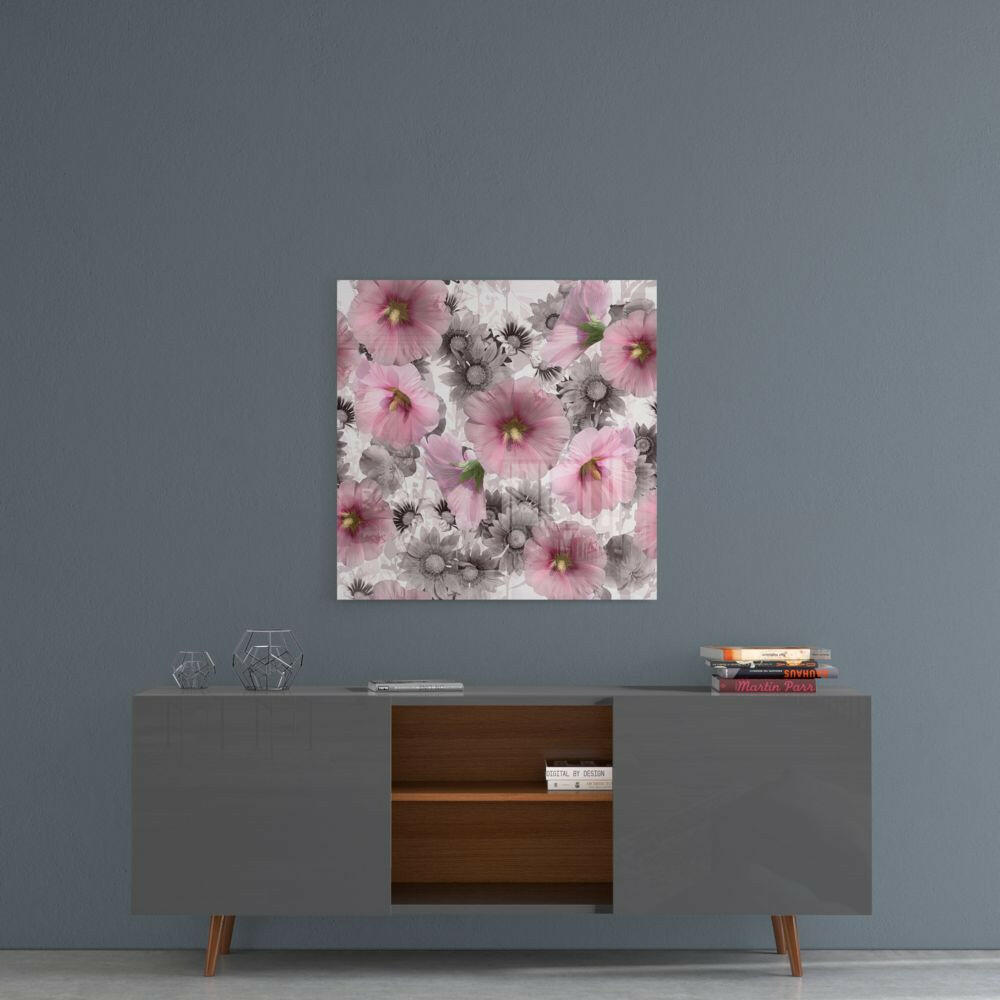 Pink Gray Hollyhock Glass Wall Art