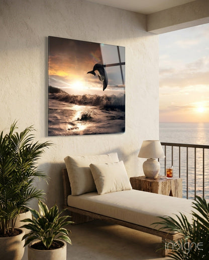 Dolphin Over Sepia Surf Square Glass Wall Art