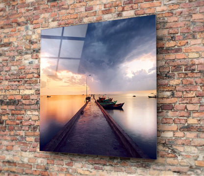 Sunset Jetty and Boats Dock Glass Wall Art