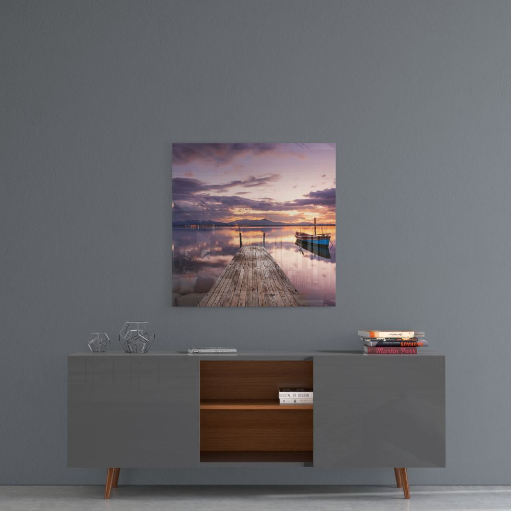 Purple Dusk Boat Dock Glass Wall Art