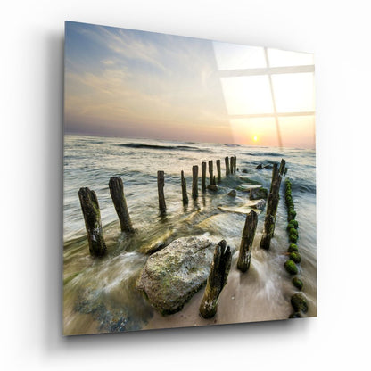 Mossy Sea Groynes Dock Glass Wall Art