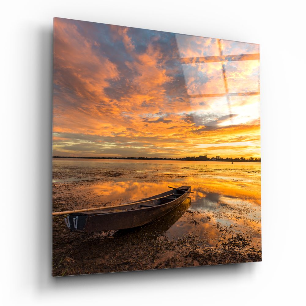Blazing Sky Lakeside Boat Glass Wall Art