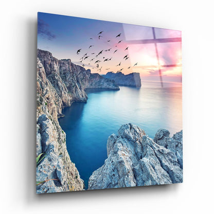 Rocky Cove Flying Birds Sunset Glass Wall Art