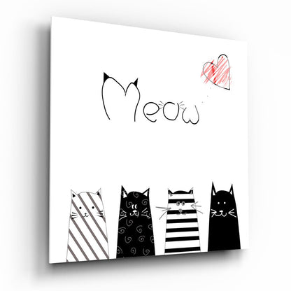 Four Striped Cats Meow Red Heart Glass Wall Art