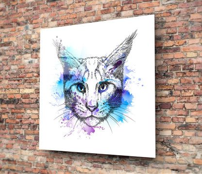 Blue Watercolor Sketch Cat Glass Wall Art