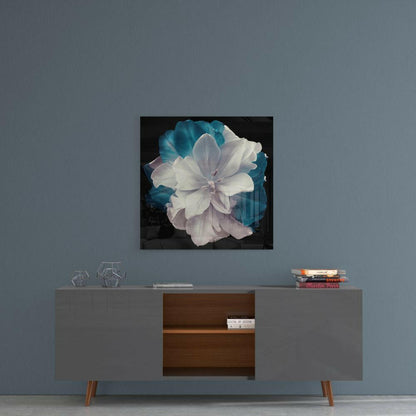 White And Teal Layered Tulip Floral Glass Wall Art