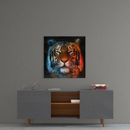 Neon Fractal Tiger Face Glass Wall Art