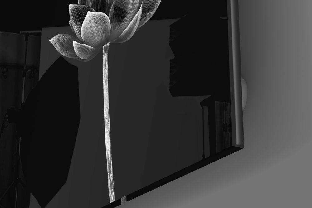 Monochrome Upright Lotus Bud Floral Glass Wall Art