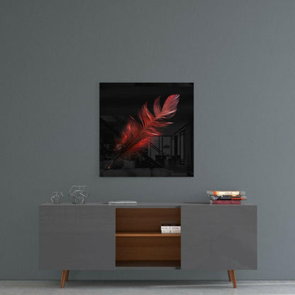 Crimson Glowing Feather on Black Glass Wall Art