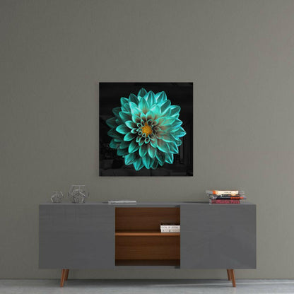 Aqua Dahlia With Gold Center Glass Wall Art