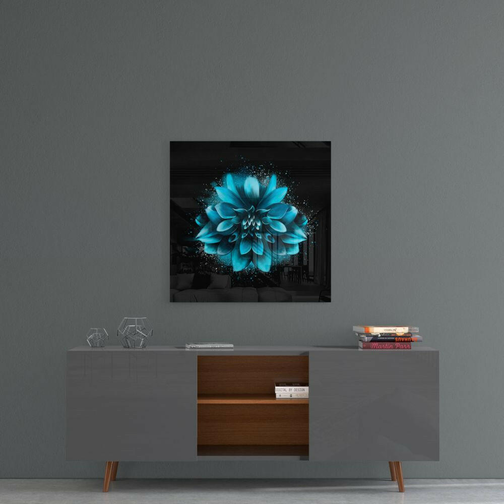 Turquoise Dahlia Burst on Black Glass Wall Art